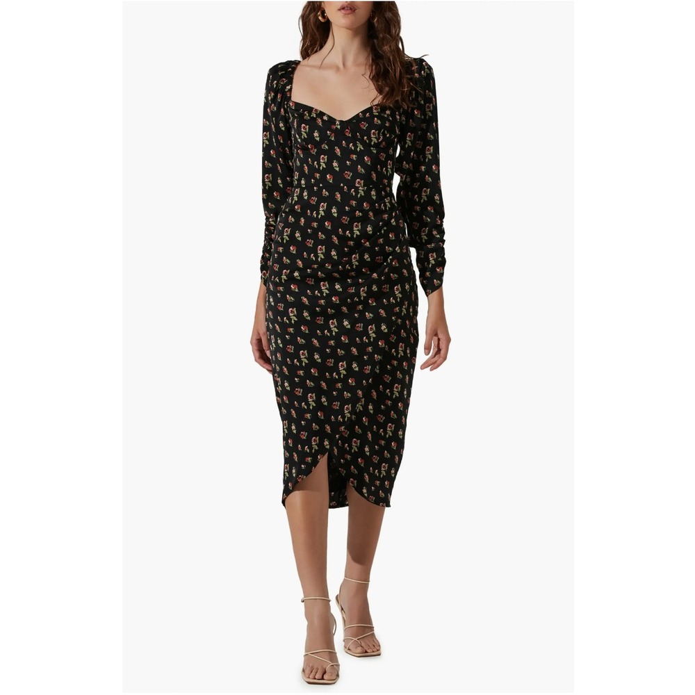 ASTR The Label Floral Ruched Sweetheart Long Sleeve Midi Dress Women S ADR101479